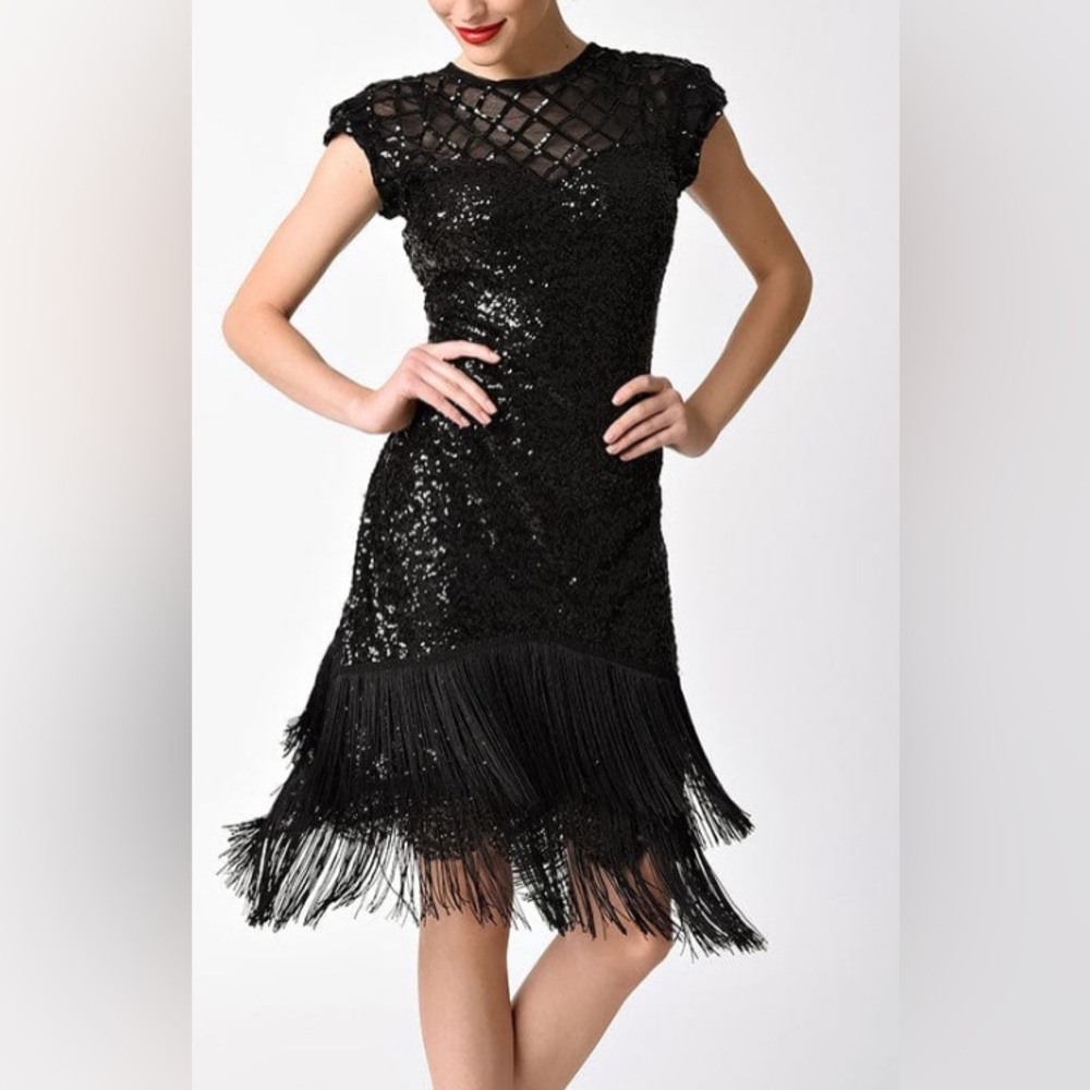 Unique Vintage Black Sequin Fringe Dress